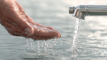 Fototapeta premium Close-Up of a Hand Reaching for Clean Water Flowing from a Metallic Tap in a Bright and Serene Setting