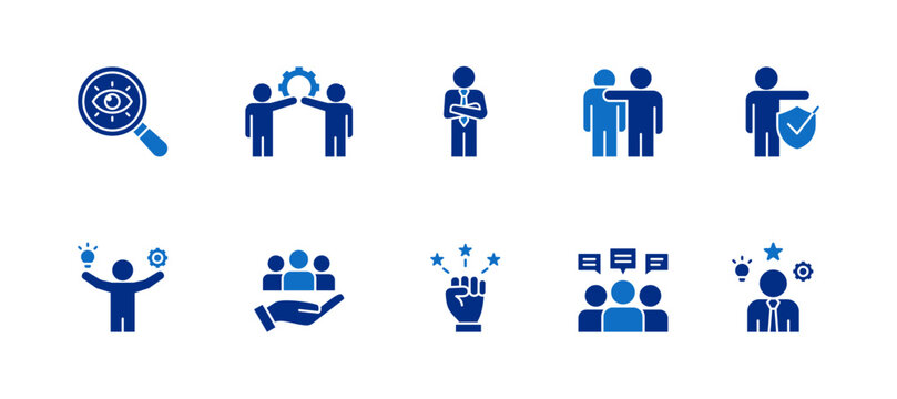 Leadership icon set containing vision, teamwork, confidence, support, integrity, skills, responsibility, motivation, communication and competence vector icons.