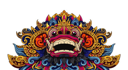 A vibrant illustration showcases a traditional Balinese Barong mask, a symbol of protection and good fortune, against a clean white background.