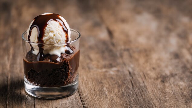 Glass with brownie vanilla ice cream and chocolate lava sauce on a wooden table - Powered by Adobe