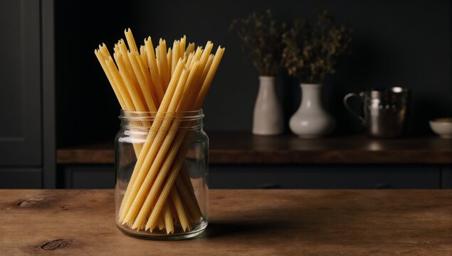 A jar on a wooden counter holds upright bucatini pasta