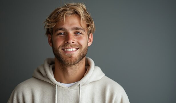 Portrait of a handsome smiling blonde man wearing a casual sweatshirt against a plain gray background