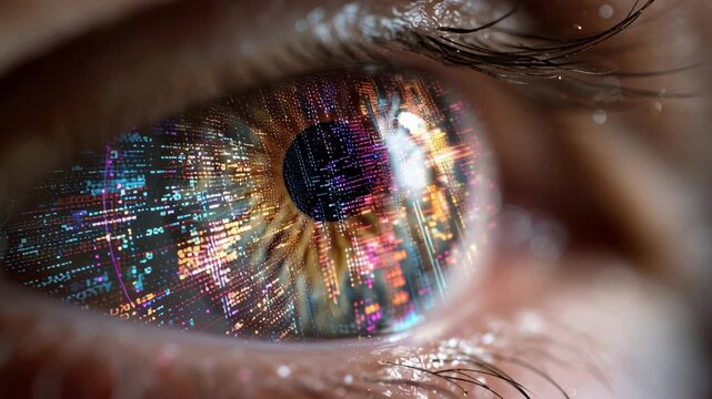 Macro shot of human eye reflecting colorful data patterns representing emotional analytics, futuristic sentiment AI visualization, sentiment analysis ai