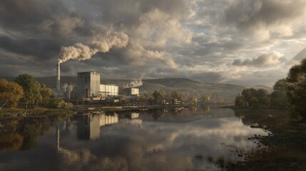 Industrial landscape with factory buildings, smoke emission, calm river, and dramatic cloudy sky reflecting in water