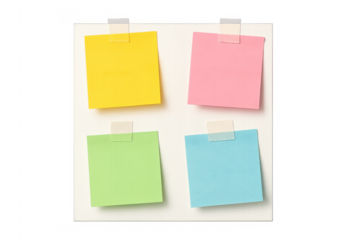 Four colorful sticky notes on a blank board with tape, creating a creative message or reminder space, transparent background