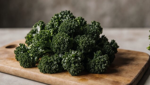 Close-up of lush green curly kale on a rustic cutting board emphasizing the healthy plant-based appeal