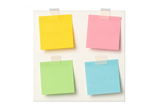 Four colorful sticky notes on a blank board with tape, creating a creative message or reminder space, transparent background