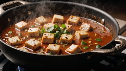 Enjoy a spicy Korean tofu stew in a hot pot garnished with green onions