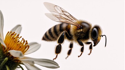 Close-up of a flying honey bee on white background highlighting honey pollination in nature