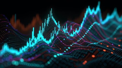 A colorful graph with orange and blue lines. Macro view of digital holographic graph spikes and data clusters, symbolizing real-time analytics performance tracking, real time data analytics - Powered by Adobe
