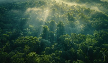 Aerial view of a dense tropical rainforest with sunlight filtering through the canopy highlighting intricate patterns and textures in green shades