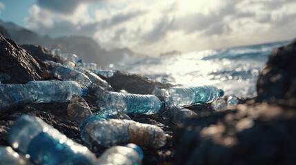 Bottles Littering Rocky Shoreline Under Bright Sky at Sunset, Coastal Pollution, Environmental Impact on Ocean Life
