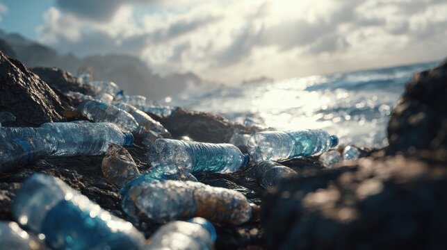 Bottles Littering Rocky Shoreline Under Bright Sky at Sunset, Coastal Pollution, Environmental Impact on Ocean Life