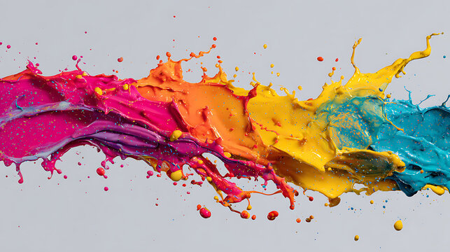 Dynamic explosion of vibrant liquid paint splashes in a mesmerizing rainbow of colors bursting with energy and creativity