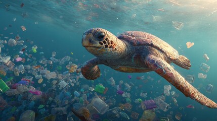 Obraz premium Graceful Sea Turtle Swimming Through Ocean Surrounded by Plastic Waste and Marine Pollution, Highlighting Environmental Issues