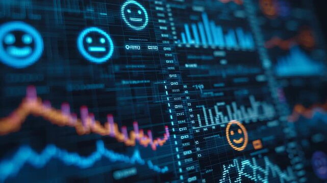 Macro view of holographic emojis and graphs representing real-time sentiment analysis, futuristic digital background, sentiment analysis ai
