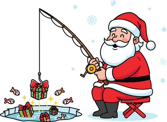 Happy Cartoon Santa Claus Ice Fishing and Catching a Wrapped Christmas Gift Box From a Frozen Lake Hole Vector Illustration.