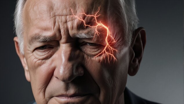 Senior man with migraine pain visualized through glowing nerve pathways on his scalp in a photorealistic style - Powered by Adobe