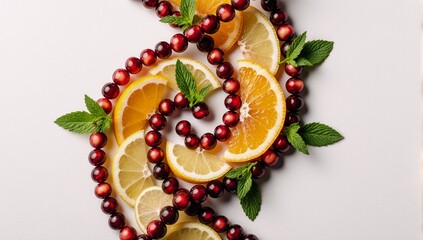 DNA spiral with citrus slices pomegranate pearls and mint leaves on a minimalist white food art background