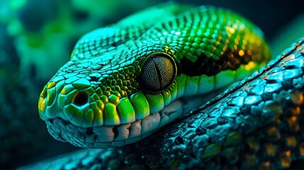 Close-up of a vibrant green snake with intense glowing eyes, its scales shimmering with a mystical aura, reflecting the enigmatic beauty of a jungle reptile