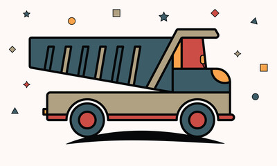 Colorful Construction Dump Truck Illustration with Geometric Background Elements