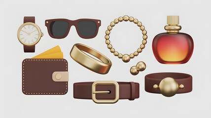 Elegant arrangement of various men's accessories showcased against clean white backdrop in digital 3d rendering style