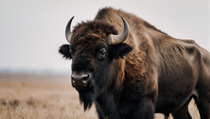 European bison portrait in a field showcasing powerful horns and thick fur