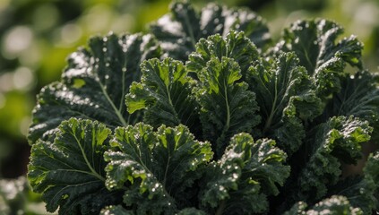 Macro shot of vibrant kale leaves with water droplets and bokeh highlights