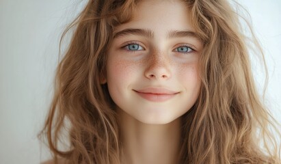 Naklejka premium A young girl smiles warmly at the camera with clear eyes and soft natural light, and her cheerful expression adds a bright lively feel to the portrait.