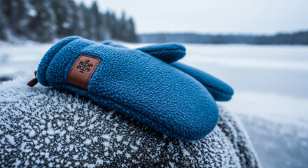 Blue fleece mittens on snowy rock symbolizing winter solitude