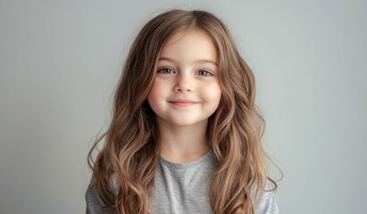 Fototapeta premium A young girl smiles warmly at the camera with clear eyes and soft natural light, and her cheerful expression adds a bright lively feel to the portrait.