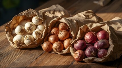 Assorted Onions in Brown Paper Bags on Wooden Surface