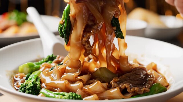 Pad See Ew With Beef and Broccoli Close Up