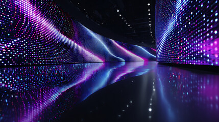 Immersive digital tunnel with vibrant flowing light patterns and reflective surfaces, creating a futuristic and dynamic atmosphere for technology and innovation.