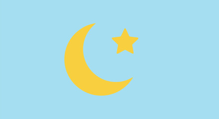 Simple flat graphic of a yellow crescent moon and star, an iconic symbol of Islam, isolated against a solid light blue background.