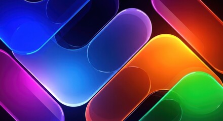 Abstract background overlapping glossy glass shapes with vibrant neon color gradients blue, purple, orange, green, for digital flow, modern interface design, dynamic technology