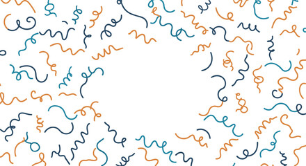 Playful abstract background featuring colorful hand-drawn squiggles and confetti shapes with a central blank circle for text or design.