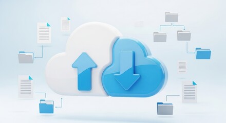 3d rendering large cloud computing icon with upload download arrows surrounded floating digital documents organized file folders, for data synchronization secure storage