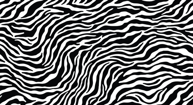 Seamless black and white zebra print background, an abstract animal skin pattern for bold and exotic textile or wallpaper designs.