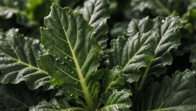 Vibrant green close-up of a fresh kale leaf with morning dew