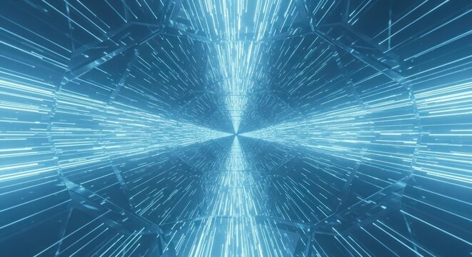 Abstract blue light tunnel motion graphic with fast streaming particles inside futuristic crystalline geometric structure, for data transfer, speed, technology, digital network connection - Powered by Adobe