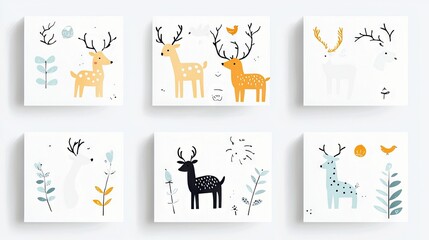 A collection of six square, minimalist illustrations featuring deer in different colors and poses, accompanied by stylized plants and birds.