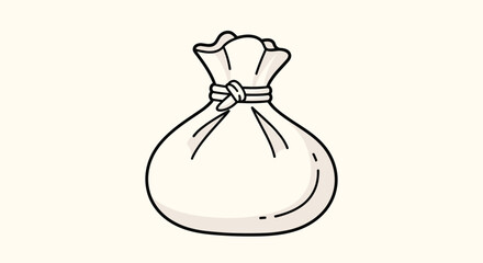 A simple and charming doodle of a tied pouch or sack, illustrated in a clean black outline style on a light cream background.