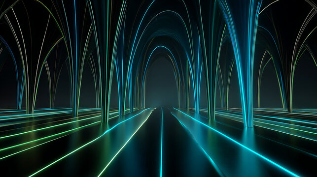 Dynamic futuristic tunnel with glowing neon lines and arched pillars creates an electrifying path forward into innovation and technology