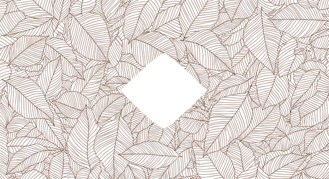 An elegant botanical background of hand-drawn leaves with a central blank diamond shape, creating a natural and sophisticated frame.