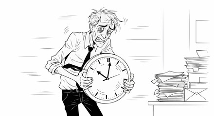 Stressed Man Holding Clock with Overdue Paperwork.