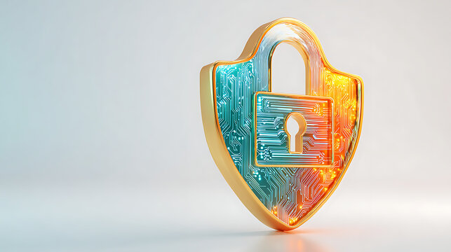 Secure digital shield with glowing circuitry represents robust cybersecurity and data protection for modern technology