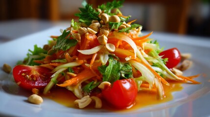 Fresh Vegetable Salad with Crunchy Peanuts and Cherry Tomatoes on a White Plate Garnished with Herbs and Vivid Colors in Natural Light