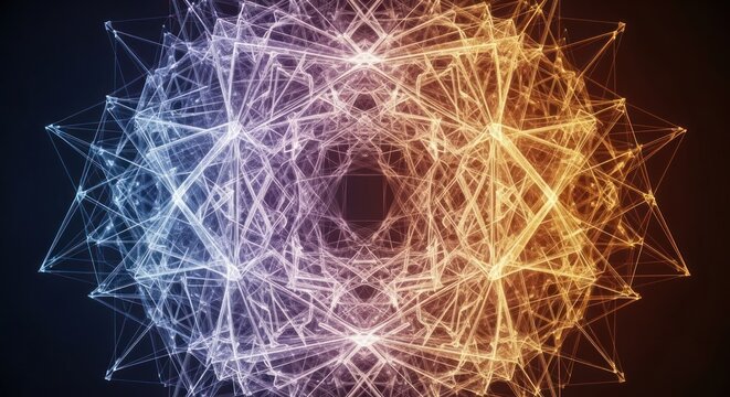 Abstract glowing geometric plexus structure with interconnected lines nodes creating complex symmetrical pattern, for digital network, data flow, deep learning artificial intelligence - Powered by Adobe