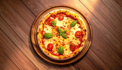 Overhead View of a Freshly Made Pizza on a Wooden Tray with Tomato Mozzarella and Basil on Rustic Brown Wood Table